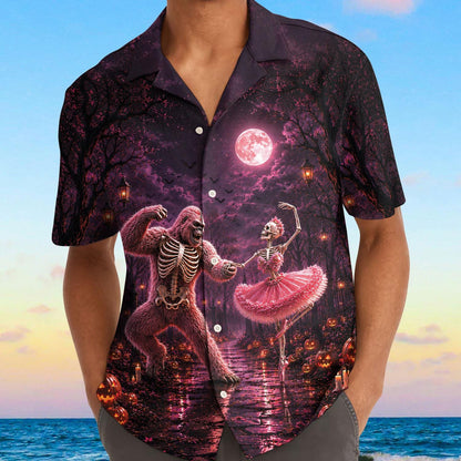 Model wearing a skeleton and pink ballerina Hawaiian shirt by the beach
