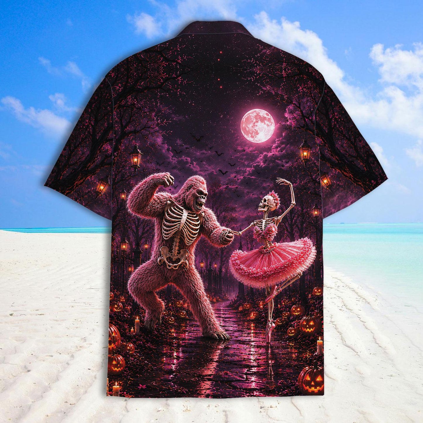Back view of a moonlit forest Hawaiian shirt with skeleton and ballerina artwork
