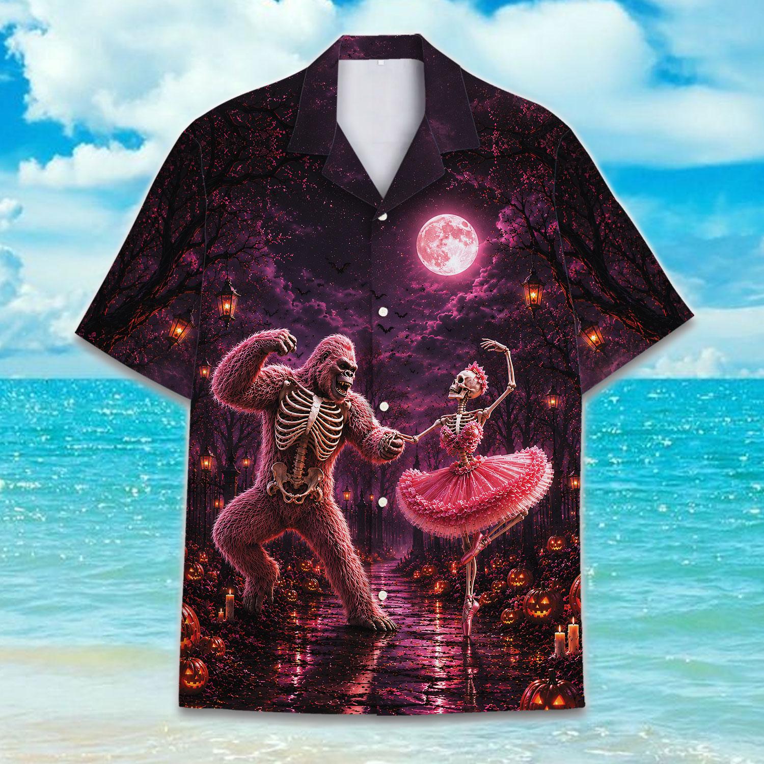 Front view of a dark Hawaiian shirt featuring a skeleton and pink ballerina dancing beneath a full moon