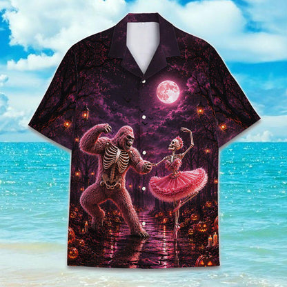 Front view of a dark Hawaiian shirt featuring a skeleton and pink ballerina dancing beneath a full moon