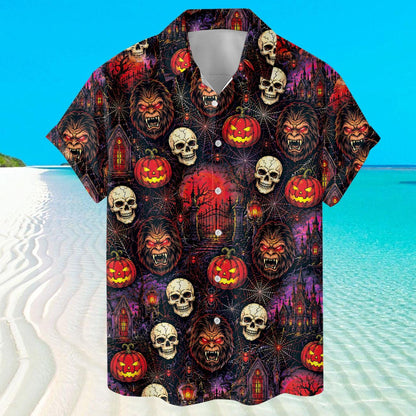 Front view of skull and jack-o-lantern Hawaiian shirt on a beach background