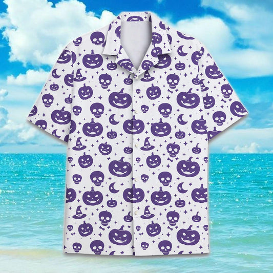 Front view of a white Hawaiian shirt with an allover purple Halloween pumpkin and skull print