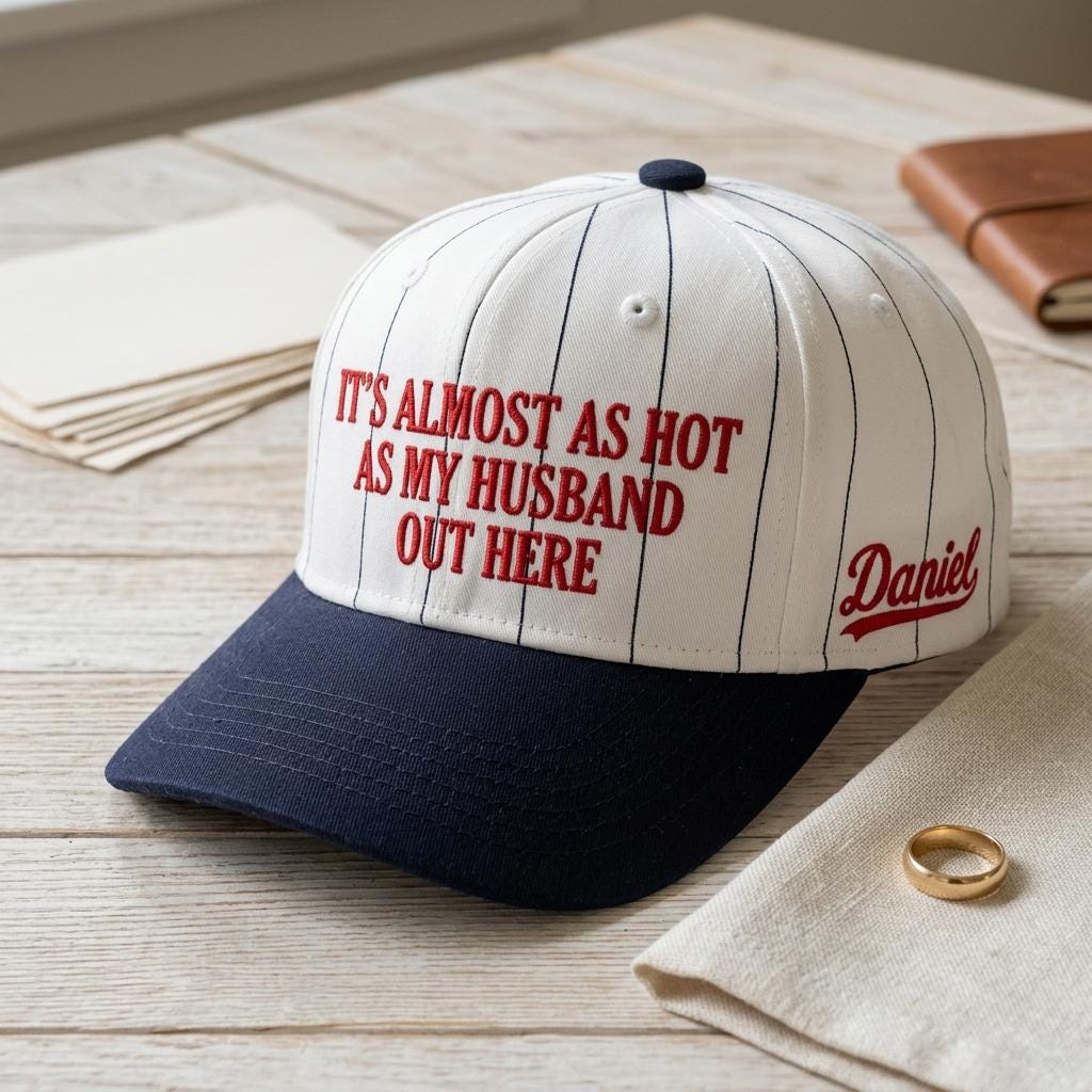 White pinstripe baseball hat with navy brim and funny hot husband message