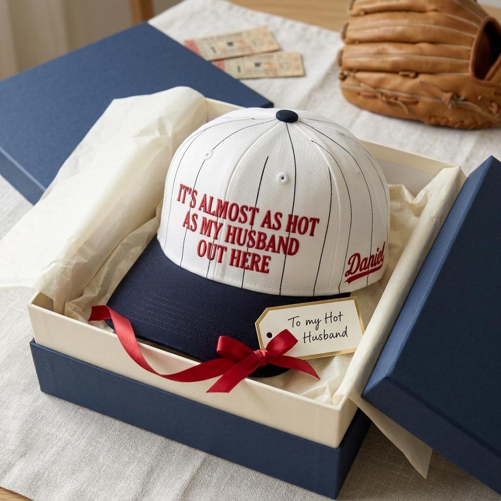 White and navy funny husband baseball hat presented in a gift box