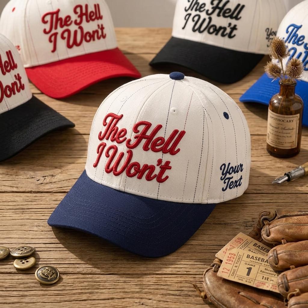 Navy and red pinstripe baseball caps displayed with custom side text detail