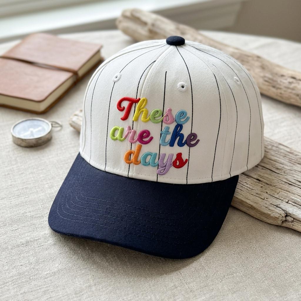 Close-up of a white pinstripe cap with multicolor embroidered lettering and navy brim
