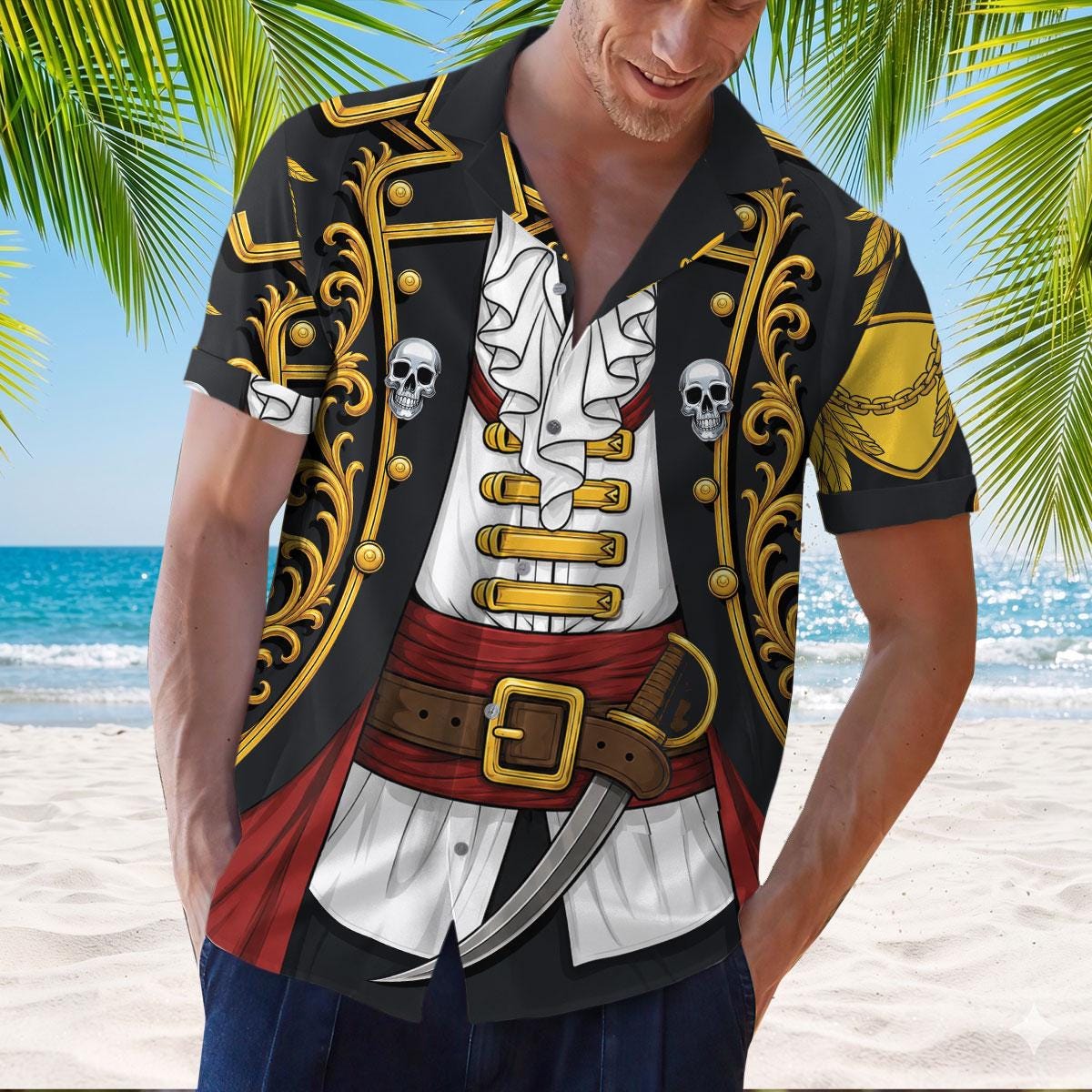 Model wearing short sleeve pirate Hawaiian shirt with skulls, red sash, belt, and sword design