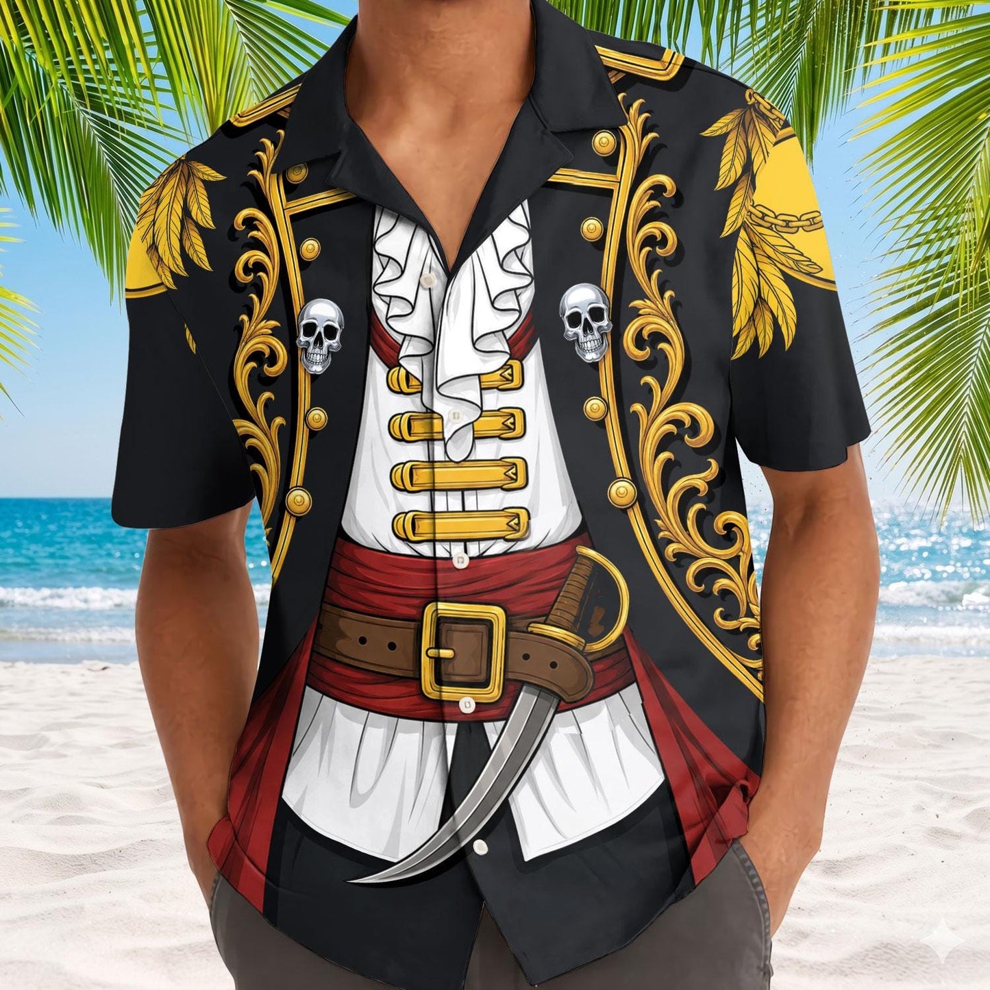 Model wearing black pirate Hawaiian shirt with gold scrollwork and captain costume print