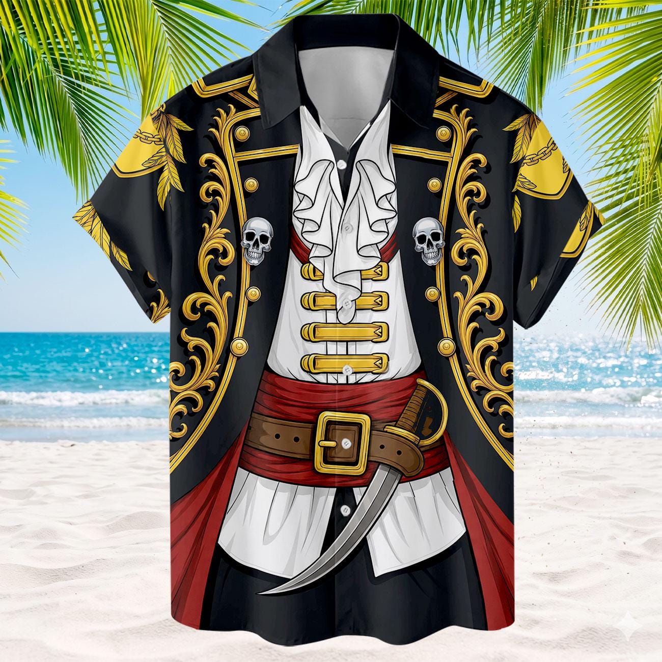 Front view of pirate Hawaiian shirt showing ruffled shirt, skull accents, and curved sword artwork