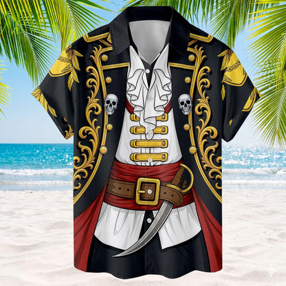 Front view of pirate Hawaiian shirt showing ruffled shirt, skull accents, and curved sword artwork