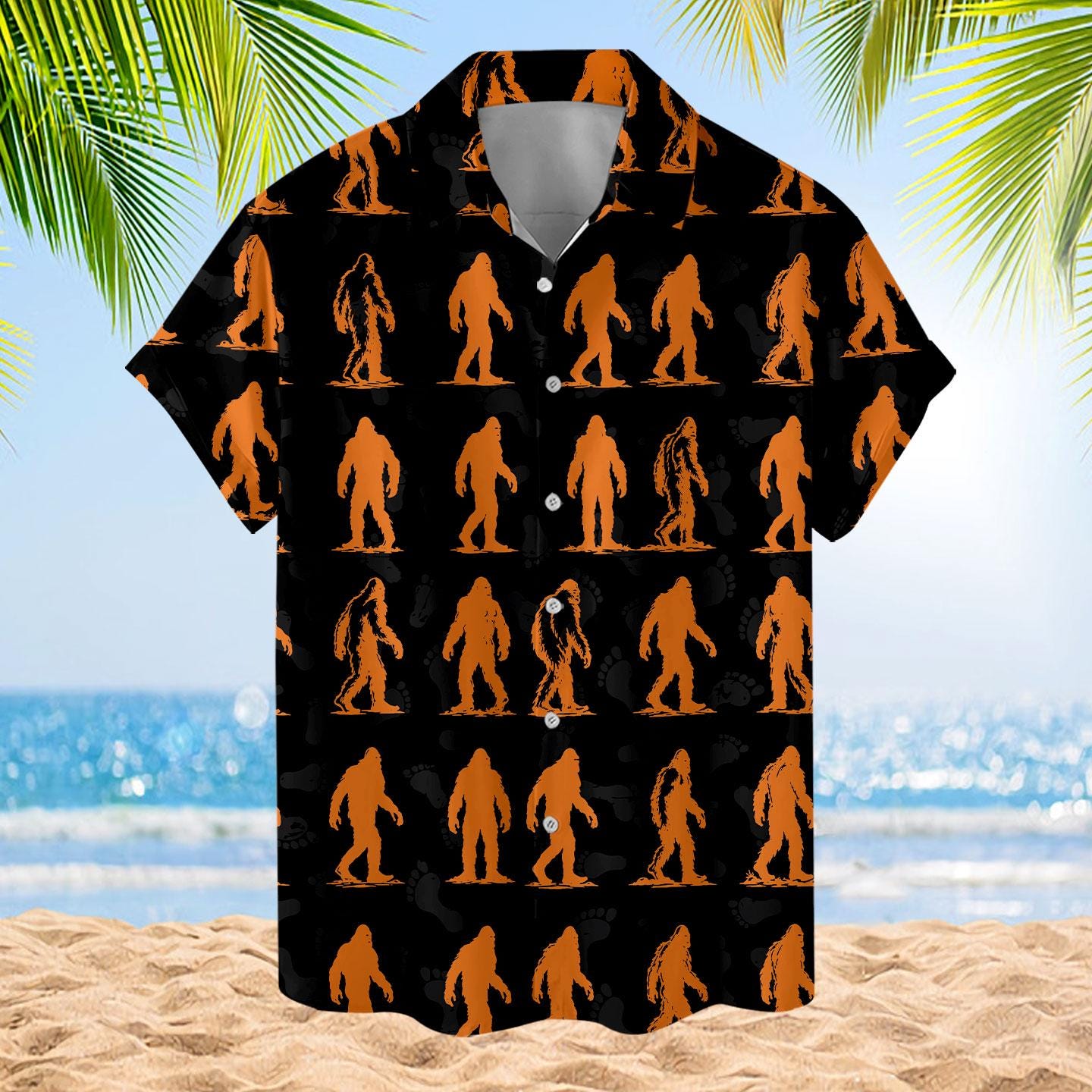 Back view of a black Hawaiian shirt covered in orange sasquatch silhouettes