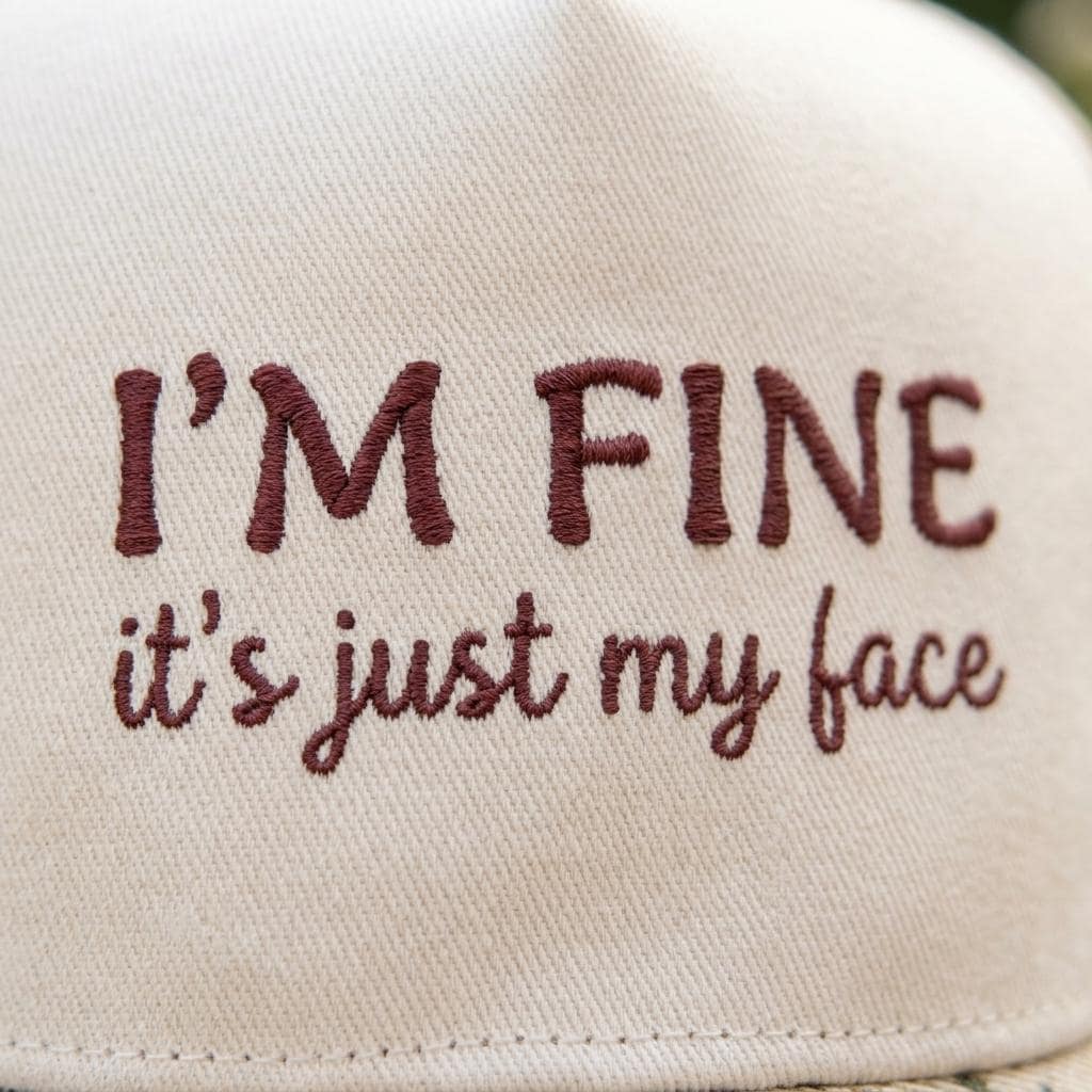 Close-up of burgundy “I’M FINE, it’s just my face” embroidery