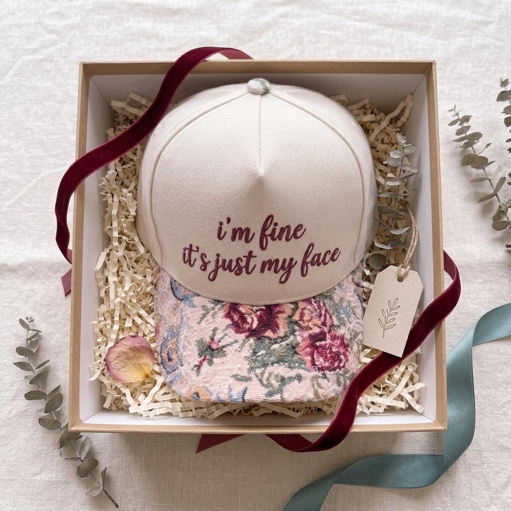 Floral brim embroidered hat presented in a decorative gift box