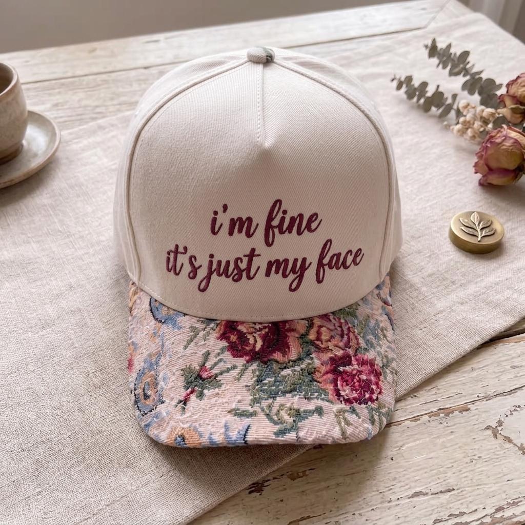 Embroidered floral brim hat displayed on a rustic tabletop