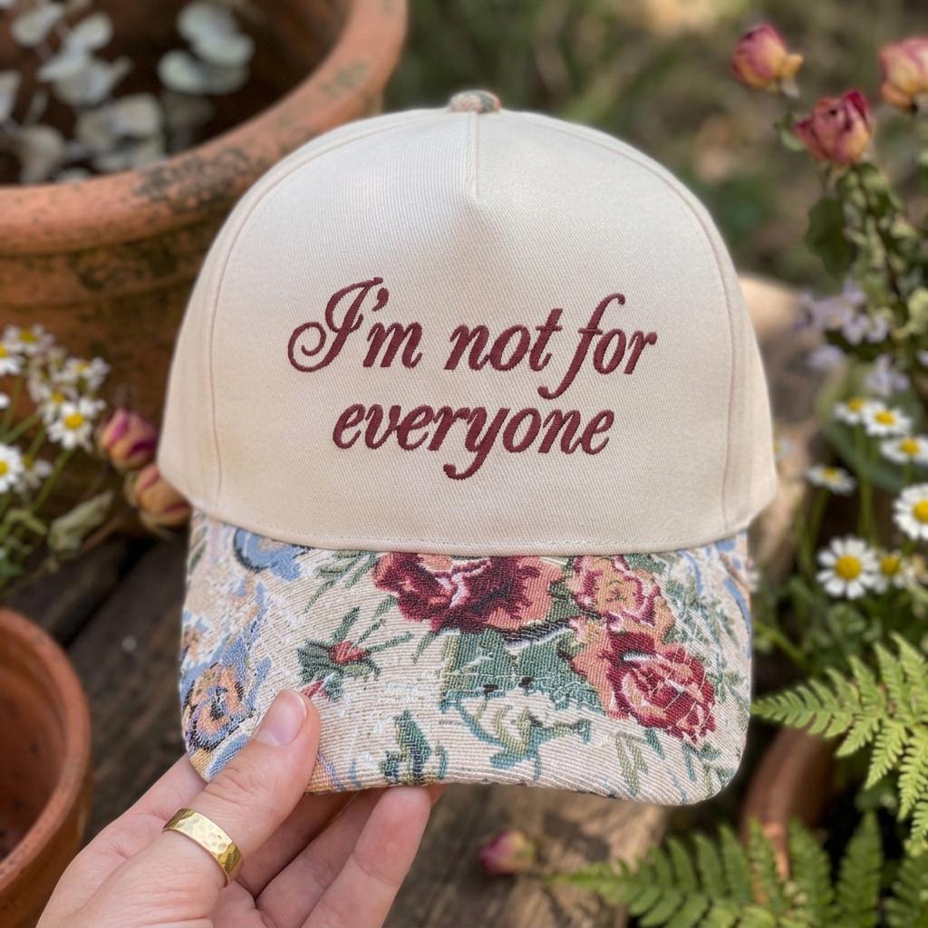 Close-up of floral brim embroidered hat held outdoors among flowers