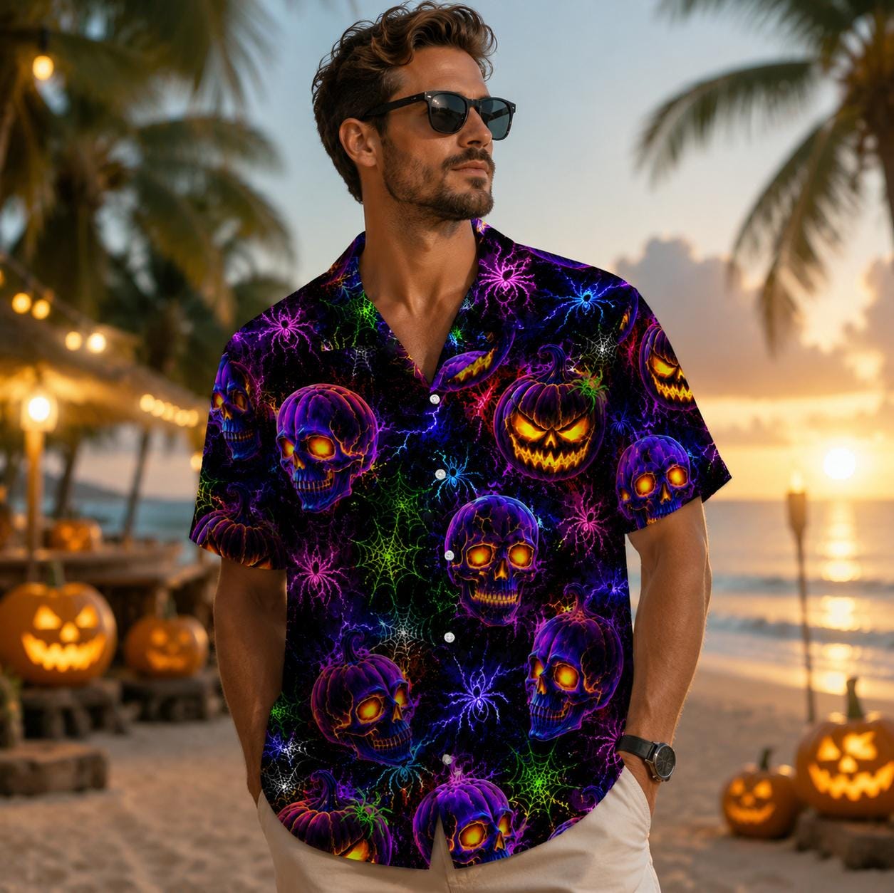 Model wearing a purple skull and pumpkin Halloween Hawaiian shirt at a beachside setting