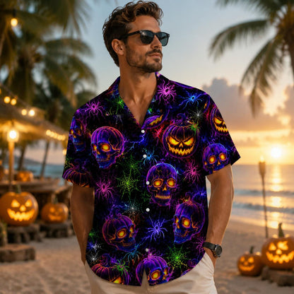 Model wearing a purple skull and pumpkin Halloween Hawaiian shirt at a beachside setting