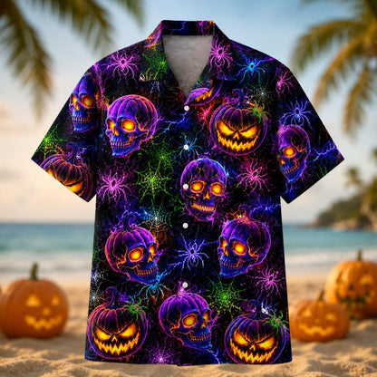 Button-front Halloween Hawaiian shirt displayed against a tropical beach background