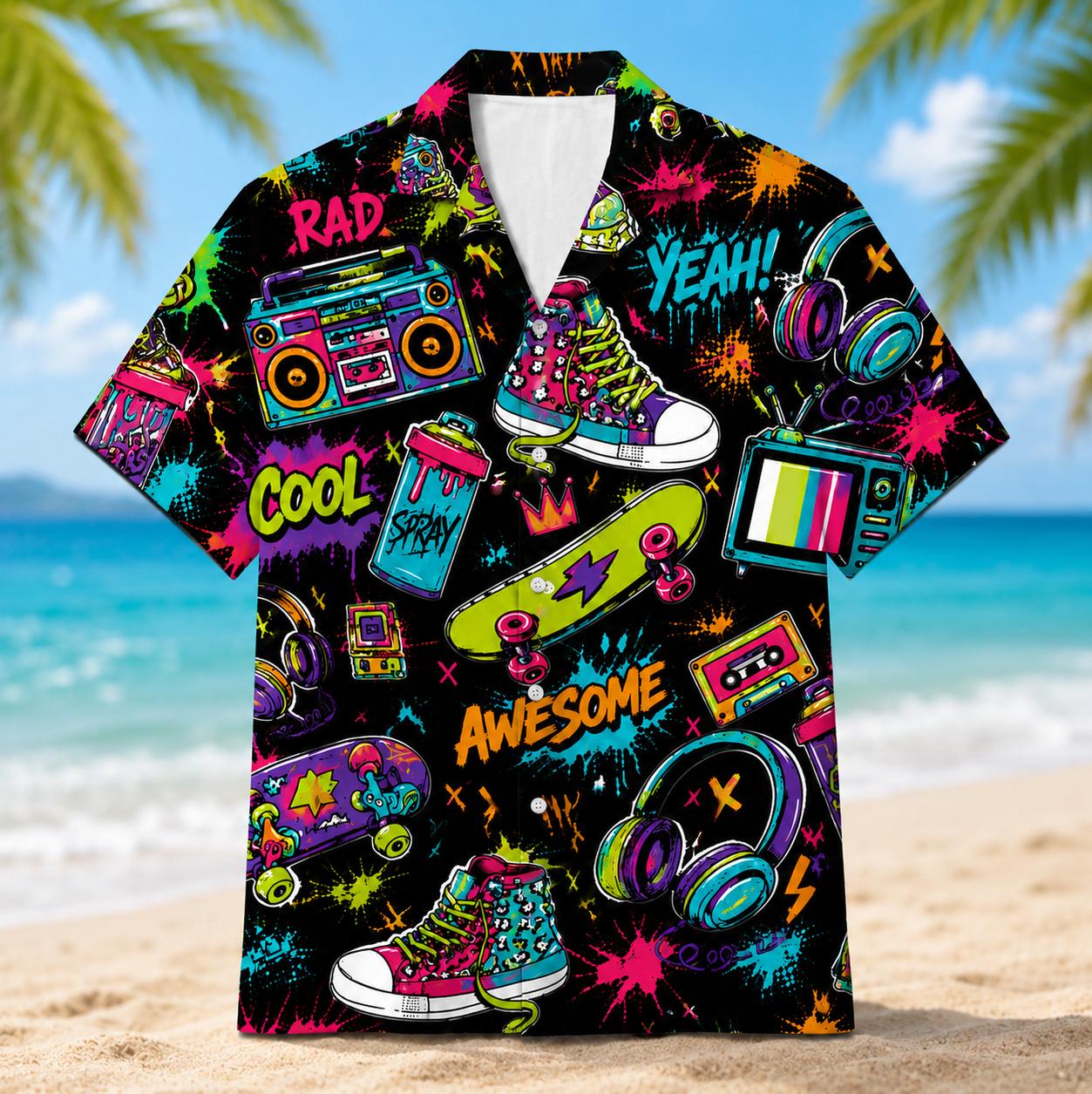 Front view of a colorful retro graphic Hawaiian shirt with skateboards, sneakers, music gear and graffiti-style words