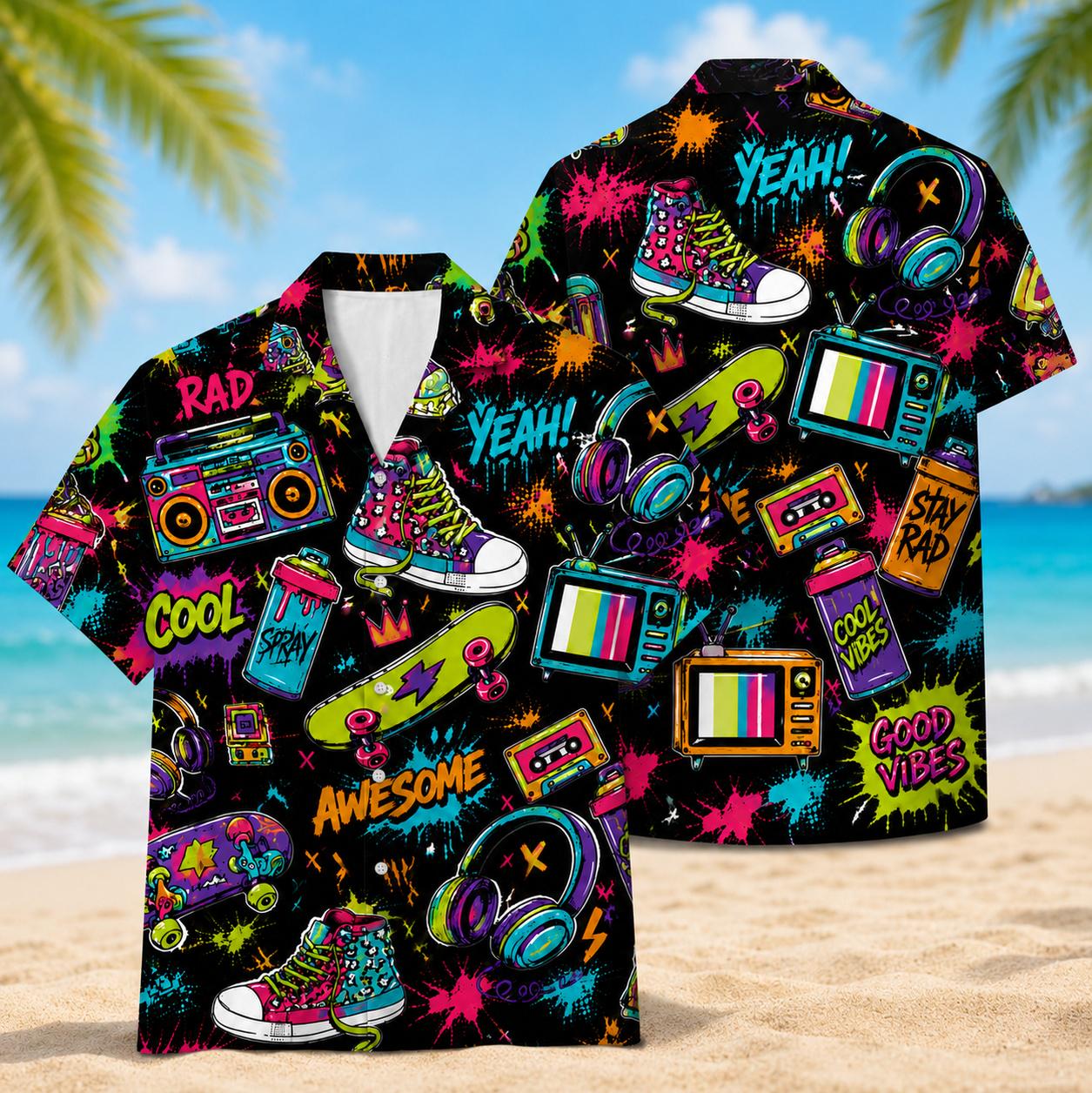 Front and back view of a black Hawaiian shirt with colorful retro skateboards, sneakers, boomboxes, headphones and TV graphics