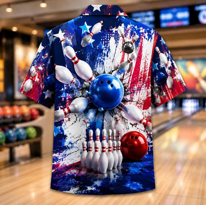 Back view of a bowling Hawaiian shirt with a large blue bowling ball, pins, stars, and red white and blue design