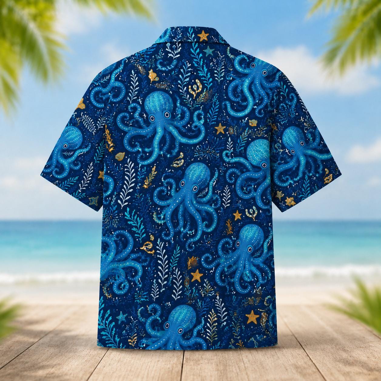 Back view of a blue Hawaiian shirt with an allover octopus and underwater-themed pattern