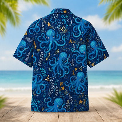 Back view of a blue Hawaiian shirt with an allover octopus and underwater-themed pattern