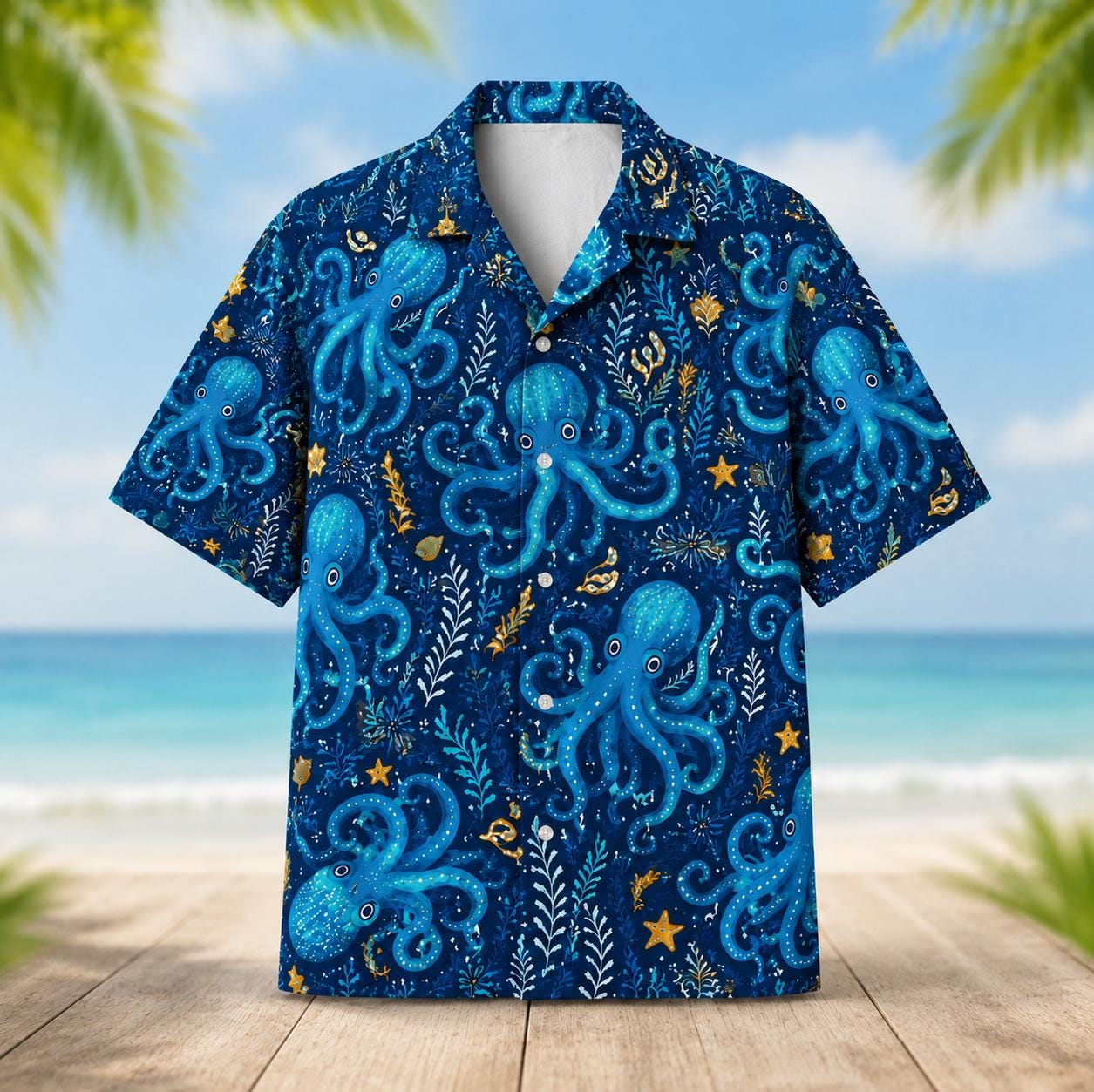 Front view of a blue short sleeve Hawaiian shirt covered in octopus, starfish, and ocean life designs