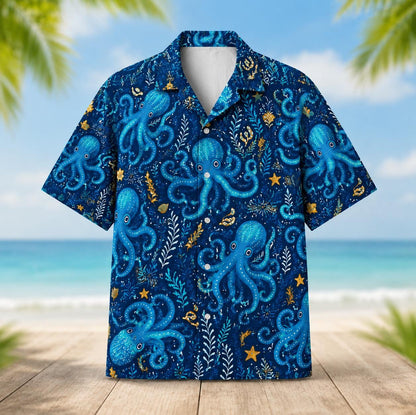 Front view of a blue short sleeve Hawaiian shirt covered in octopus, starfish, and ocean life designs