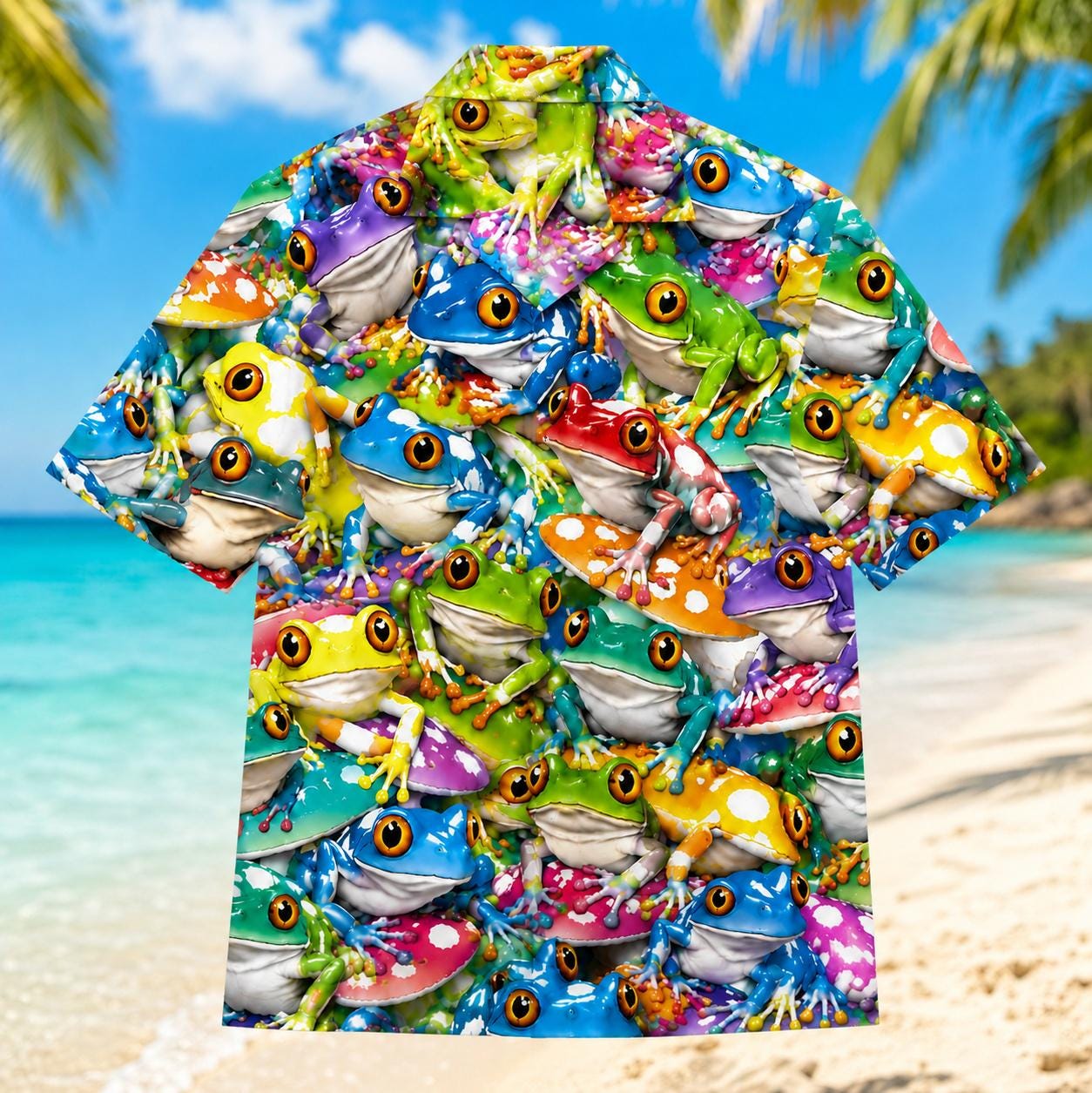 Front view of a vibrant allover frog print Hawaiian shirt with tropical colors