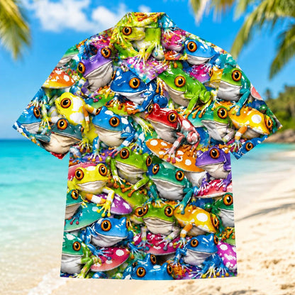 Front view of a vibrant allover frog print Hawaiian shirt with tropical colors