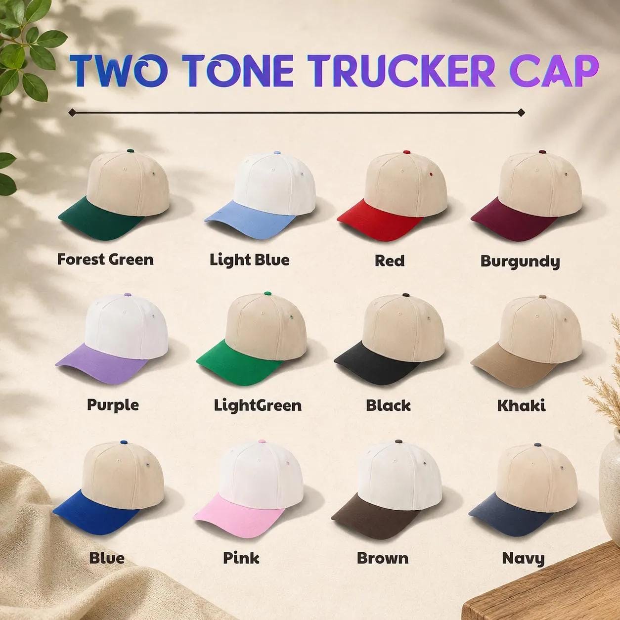 Two-tone trucker cap color options chart