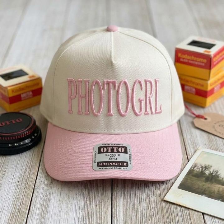 Cream and pink PHOTOGRL embroidered trucker hat