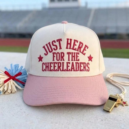 Cheerleader support hat with pink brim and embroidered front message