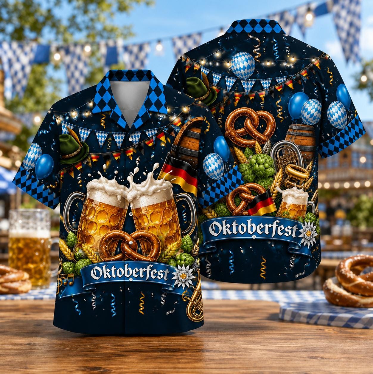 Front and back view of a dark blue Oktoberfest Hawaiian shirt with beer mugs, pretzels, Bavarian patterns and festival details
