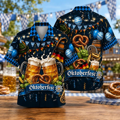 Front and back view of a dark blue Oktoberfest Hawaiian shirt with beer mugs, pretzels, Bavarian patterns and festival details