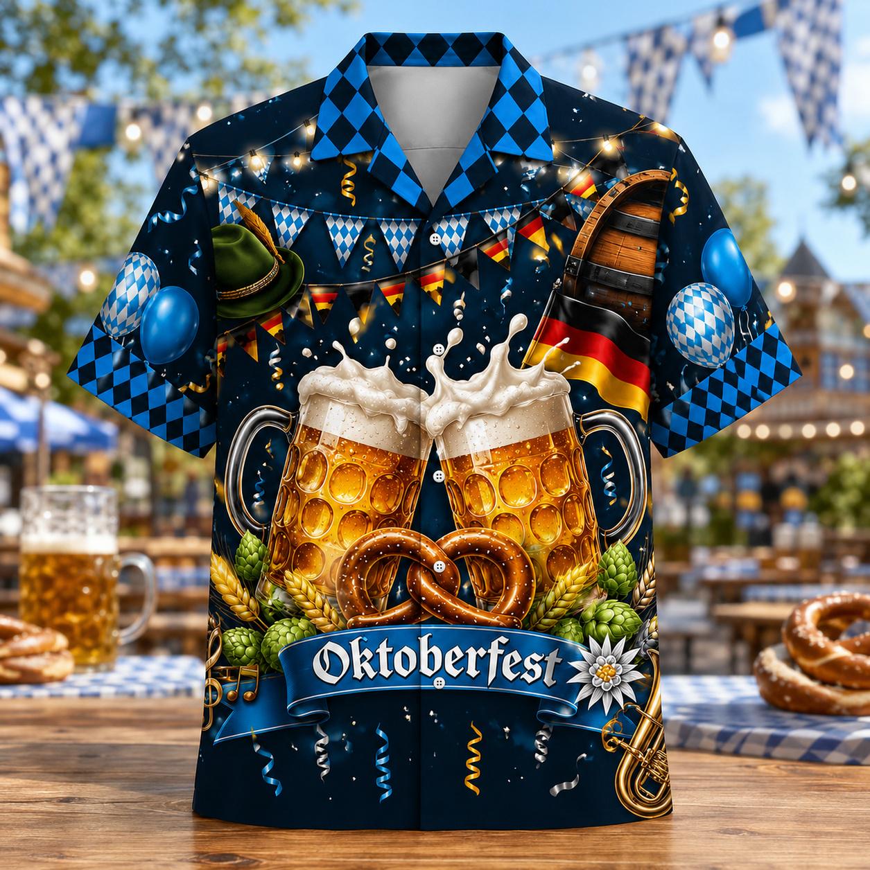 Front view of an Oktoberfest Hawaiian shirt featuring foamy beer mugs, pretzels and blue diamond accents