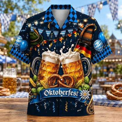 Front view of an Oktoberfest Hawaiian shirt featuring foamy beer mugs, pretzels and blue diamond accents