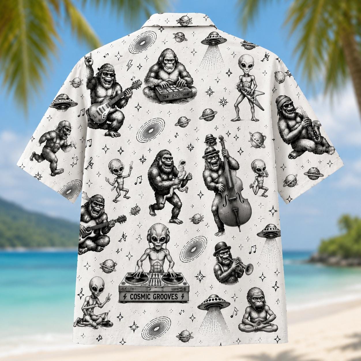 Back view of a white Hawaiian shirt covered in alien, gorilla, planet, UFO, and cosmic music illustrations
