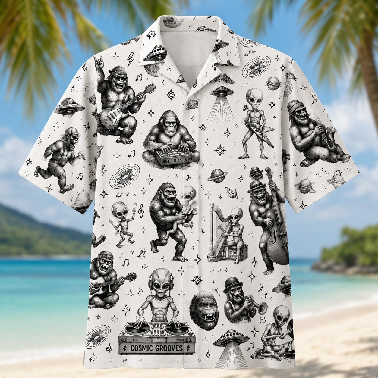 Front view of a white Cosmic Grooves Hawaiian shirt with aliens, gorillas, planets, UFOs, and musical instruments