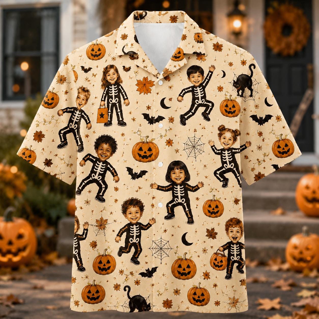 Front view of a cream Halloween Hawaiian shirt with dancing skeleton children, pumpkins, bats, moons, cats, and spiderwebs