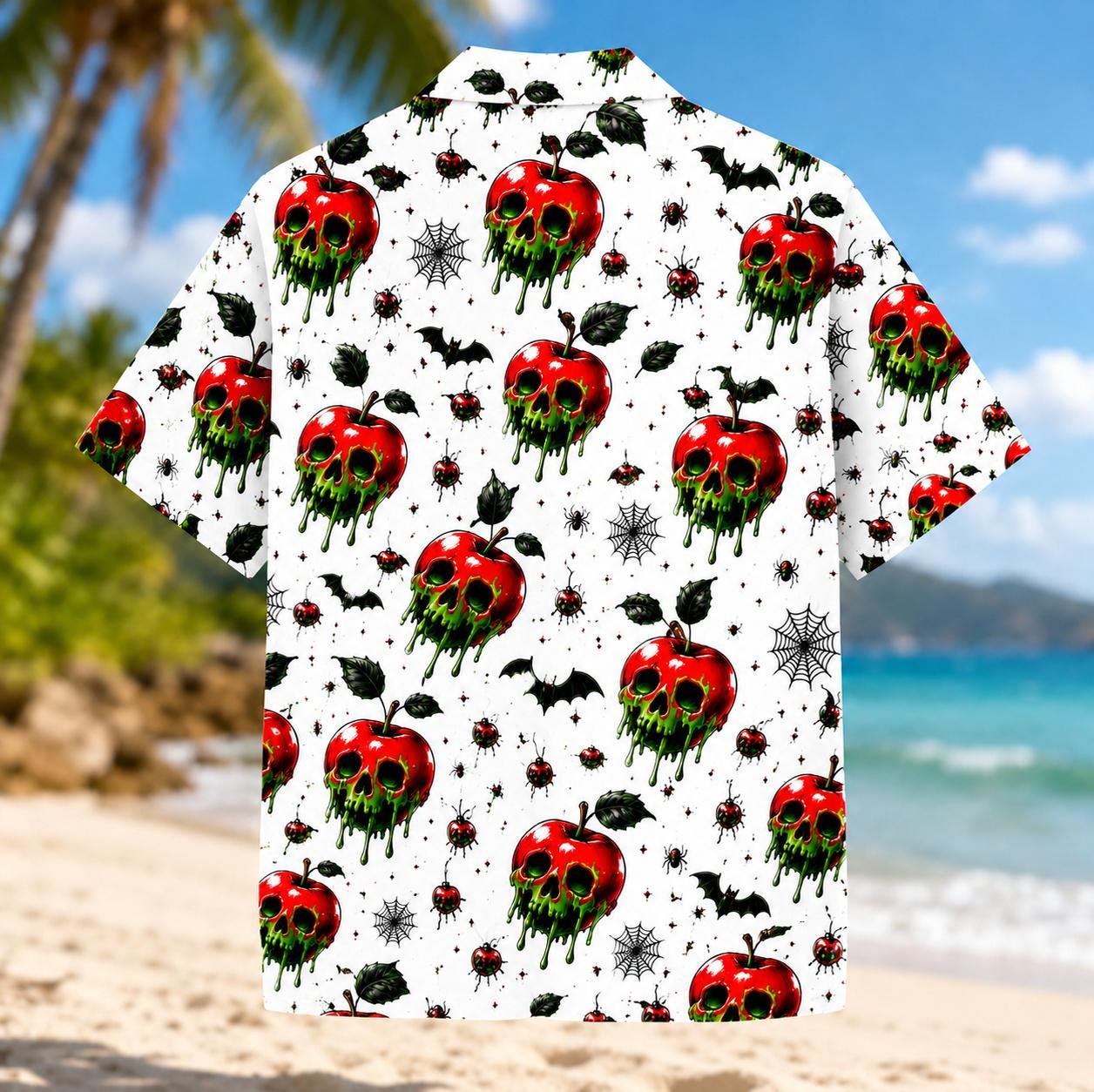 Back view of spooky skull apple Hawaiian shirt with all-over Halloween print