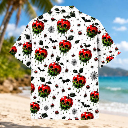 Back view of spooky skull apple Hawaiian shirt with all-over Halloween print