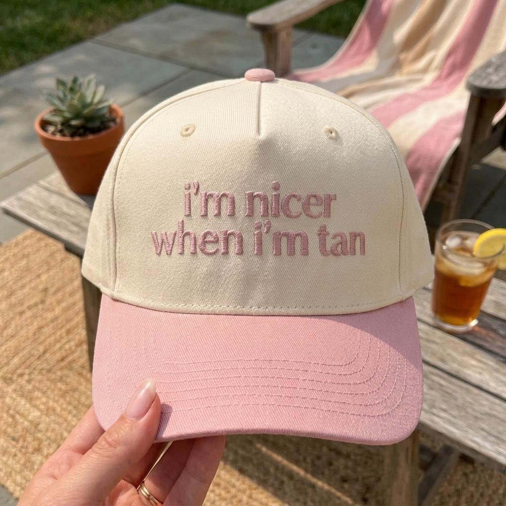 Cream and pink two-tone trucker hat embroidered with “I’m nicer when I’m tan”
