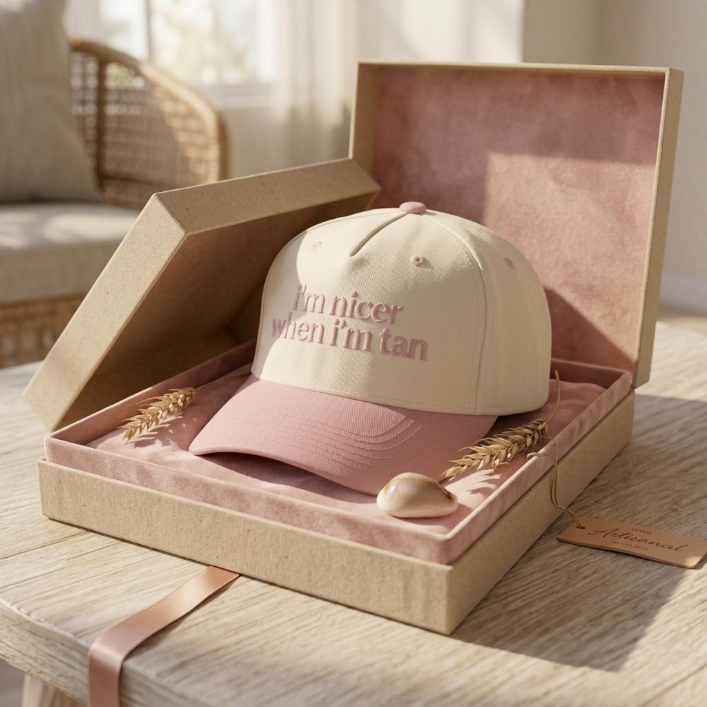 Embroidered two-tone hat presented in a decorative gift box