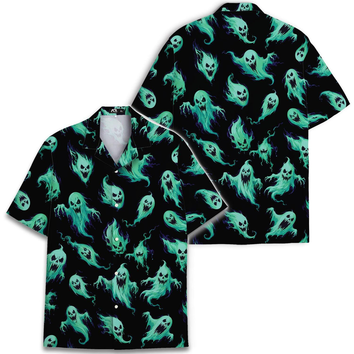 Two black ghost pattern Hawaiian shirts displayed together