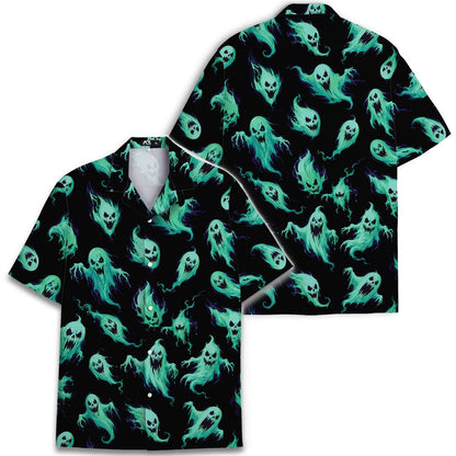 Two black ghost pattern Hawaiian shirts displayed together