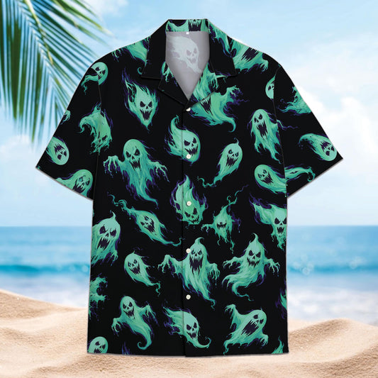 Front view of a black Hawaiian shirt with an allover mint green ghost pattern