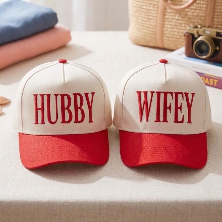 Matching red and cream Hubby Wifey embroidered couple hats