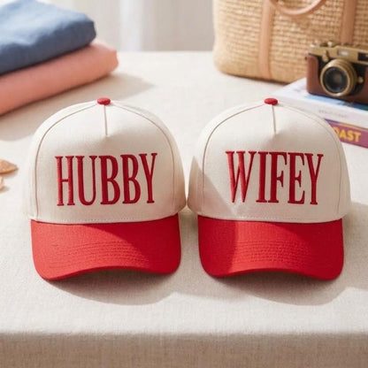 Matching red and cream Hubby Wifey embroidered couple hats